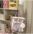 Purple polka dot tote bag with transparent mesh pocket cute plush charm and large capacity. - Single-Shoulder with Pendant / Purple