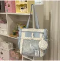 Cute polka dot canvas tote shoulder bag with transparent front pocket and matching coin purse. - Single-Shoulder with Pendant / Blue