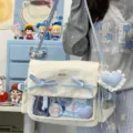 Korean style ita bag with clear window, cute bows and shoulder strap for daily use. - Blue and White (with Blue Heart and Pendant)