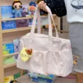 Pink canvas shoulder bag, casual large capacity travel tote bag with cute pendant and pockets. - With Pendant / Pink