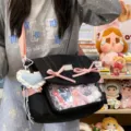 Black ita bag with pink bows, clear display pocket and cute heart pendant for daily use. - Black (with Blue Heart and Pendant)
