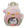 Cute kids backpack with cartoon bear design and transparent window for toddlers and kindergarten. - Pink