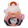 Cute cartoon toddler backpack with transparent window and plush toy for kindergarten kids. - Watermelon Red