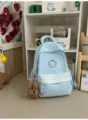 Sac à dos décontracté bleu clair avec poche avant à carreaux et broderie d'ours pour voyage. - Avec Pendentif / S / Bleu