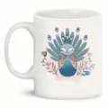 White ceramic coffee mug featuring a cute cartoon peacock illustration, perfect for office use. - 301-400ml / Peacock Feather Print / White