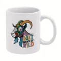 White ceramic coffee mug with colorful goat graphic print, perfect office drinkware. - 301-400ml / Goat Head Print / White