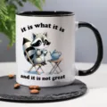 Ceramic coffee mug detail, cute raccoon graphic and funny text, black rim and handle design - Style 2