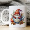 Gedetailleerd overzicht van witte keramische koffiekop met feestelijk kerstkabouter motief en thema. - Kerstthema