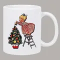 Witte keramische koffiemok met vintage kerstillustratie, perfect voor op kantoor. - Kerst Vakantie Stijl