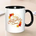 Keramische koffiemok met zwart handvat en herfstblad print detail voor kantoor. - 301-400ml / Herfstblad Print Stijl