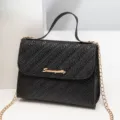 Black woven crossbody bag with gold chain strap and top handle for women stylish daily use. - Black