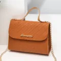Stylish brown woven texture small crossbody handbag with top handle and gold chain strap. - Brown