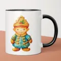 Custom ceramic coffee mug with cute gingerbread boy illustration, black handle and rim. - Style 5
