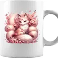Detailansicht der weißen Keramiktasse mit süßem rosa Neunschwanzfuchs und Kirschblütenmotiv. - Stil 9