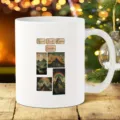 Detailed view of white ceramic coffee mug with vintage mountain print and English text labels. - 301-400ml / Retro Landscape Style