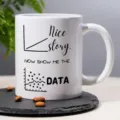 Close-up detail of a white ceramic coffee mug with custom data joke text print on office desk. - Style 3