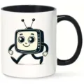 Classic ceramic coffee mug with black handle and cute vintage cartoon TV print design. - TV Cartoon