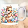 Cute easter duck ceramic coffee mug detail, white cup with floral pattern and handle. - 301-400ml / 7