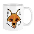 Close-up detail of white ceramic coffee mug featuring a cute stylized cartoon fox face print. - 301-400ml / Cartoon Fox Print / White