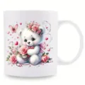 Close-up detail of white ceramic mug featuring cute teddy bear and pink rose illustration. - 301-400ml / Style 1