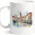 White ceramic coffee mug with watercolor urban canal landscape painting, perfect for office use. - 301-400ml / Style 10