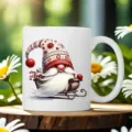 Detailed view of a white ceramic coffee mug featuring a cute Christmas gnome festive design. - 301-400ml / Style 4