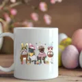 Close-up detail shot of white ceramic coffee mug featuring cute Easter dog illustration. - Style 3