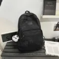 Stylish black bamboo print school backpack with cute panda pendant for students daily commuting. - With Pendant / Black