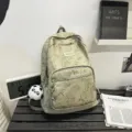 Casual bamboo print canvas backpack with large capacity for students and daily commuting. - With Pendant / Green