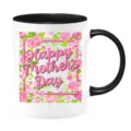 Keramische koffiemok met zwarte handgreep en moederdag bloemenprint voor kantoor. - Moederdag Roos