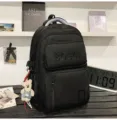Großer schwarzer Studentenrucksack mit süßem Bärenanhänger und BOGOL-Buchstabenstickerei. - Mit Anhänger / Schwarz