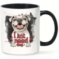 Detailed view of ceramic mug featuring cute dog graphic and contrasting black handle rim. - Cartoon Dog Style