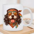 Vista dettagliata di tazza da caffè in ceramica bianca con stampa di cane hippie in stile boho. - Stile 7