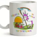Weißer Keramik Kaffeetasse mit niedlichem Einhorn Motiv und Regenbogen Text für Büro. - Stil 8