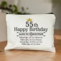 Detailed view of white canvas cosmetic bag with 55th birthday print and zipper closure. - Style 9