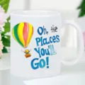White ceramic coffee mug detail shot, featuring motivational quote and balloon print. - Style 4