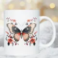 Vista dettagliata della tazza in ceramica bianca con delicato design floreale e farfalla. - Modello 5