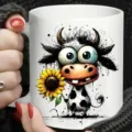 Tazza da caffe in ceramica per ufficio con dettaglio di disegno di mucca e girasole divertente. - Stile 10