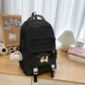 Niedlicher Cartoon Welpe bestickter Schulrucksack, koreanischer Stil Studenten Buchttasche. - Mit Anhänger / Schwarz