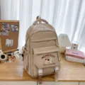 Beige lässiger Canvas Schulrucksack mit süßer Hunde-Stickerei, mehrfächer Studenten Tagesrucksack. - Mit Anhänger / Khaki