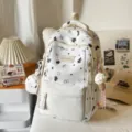 Weißer Freizeitrucksack mit schwarzen Mustern, großer Schulranzen für modebewusste Mädchen. - Weiß Mit Eiscreme-Anhänger