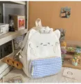 Cute cat ear design backpack with blue checkered pocket, sweet style daily travel school bag. - White Large (With Pendant)