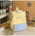 Cute yellow cartoon cat backpack with blue plaid pocket and lovely chef hat design for girls. - Yellow Small (With Pendant)