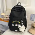 Mochila escolar negra de estilo japonés con bonito bordado de arcoíris y colgante de peluche - Negro (Con Colgante)