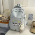 Mochila escolar bonita azul claro de estilo dulce con bordado de arcoíris y colgante. - Azul (Con Colgante)