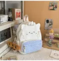 Cute cartoon cat design white and blue plaid school backpack for lovely young girls - White Small (With Pendant)