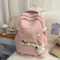 Mochila escolar estilo japonés rosa para estudiantes, gran capacidad bolso bonito. - Rosa Con Colgante