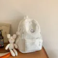 White textured backpack for girls, cute smiley face patch design student school bag variant. - With Pendant / White