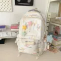 Japanese ins style cute white canvas backpack with colorful stitching and plush star charms. - Backpack with Pendant / White