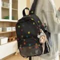Mochila estilo coreano con lunares de colores, bolsillo frontal transparente y colgante de peluche. - Con Colgante / Lunar Negro